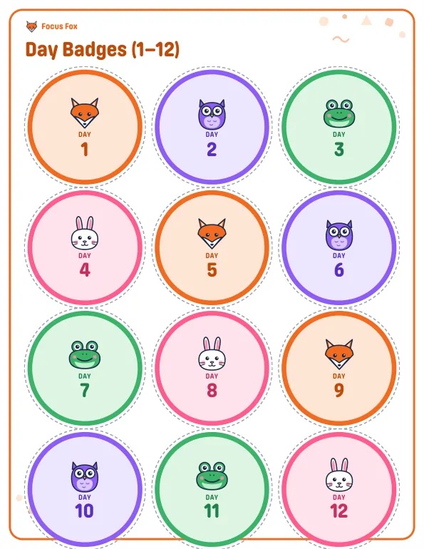 Reward Pack page with day badges to cut out