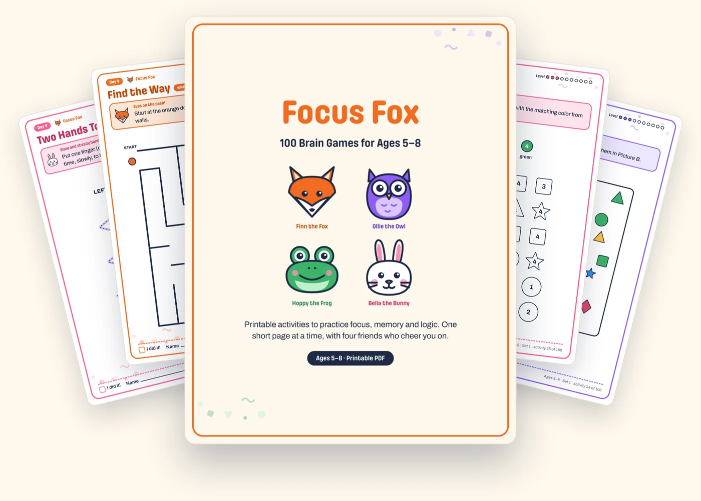 Focus Fox cover with printable brain game pages: mazes, color by code, spot the difference and two-hand tracing
